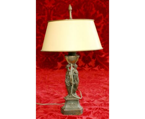 Gilt metal table lamp with Three Graces column support, 50cm in total.