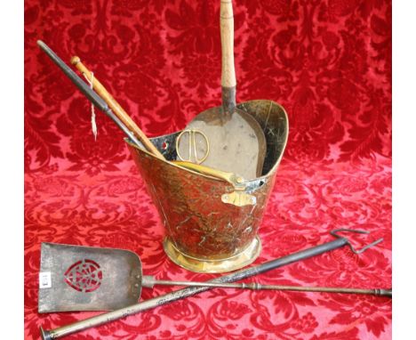 Andirons including brush, toasting fork, tongs, bucket etc.