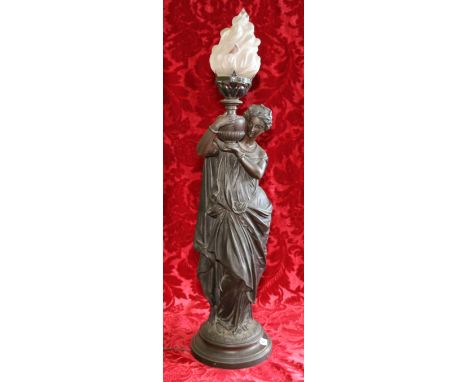 19th century bronzed spelter figural lamp of a lady carrying a vase, signed indistinctly "
 T HE", 90 cm CONDITION REPORT: Gl