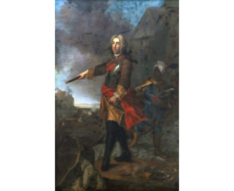AUSTRIAN SCHOOL circa 1700
Full length portrait of Prince Eugene of Savoy in Military uniform, a Blackamoor page by his side 