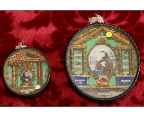 Two 19th century Italian reliquaries with watercolour miniatures of Saints in architectural mounts, 11.5cm x 10cm and 7.5c, x
