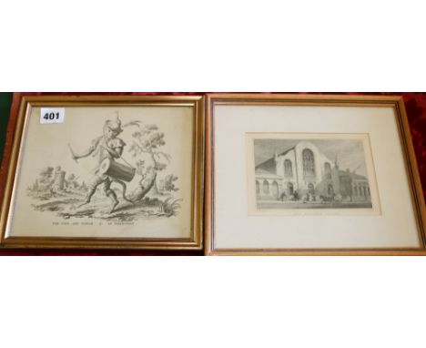 Engraving "The Pipe and Tabor/Le Tambourin, 17cm x 21cm and a framed book plate of Lady Yester's Church