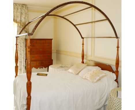 George III fruitwood four poster double bed with turned columns and arched canopy on turned tapered legs, 228cm high, 198cm l