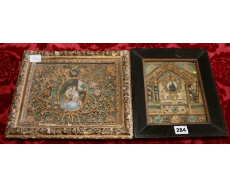 19th century Italian reliquaries with watercolour miniature of a Saint in gilt metal architectural setting with elaboratescro