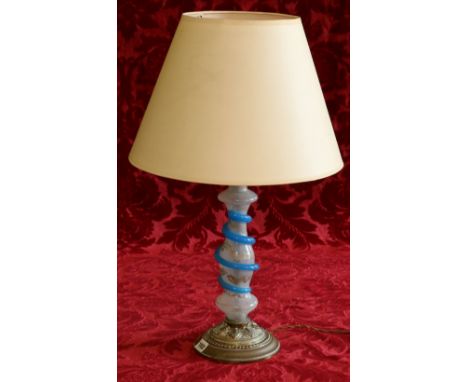 Victorian gilt blue and opalescent glass table lamp on circular base, 62cm