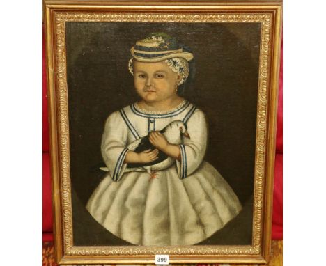 Early 19th century American School
3/4 length portrait of a girl holding a dove, feigned oval
Oil on Canvas
52cm x 41cm