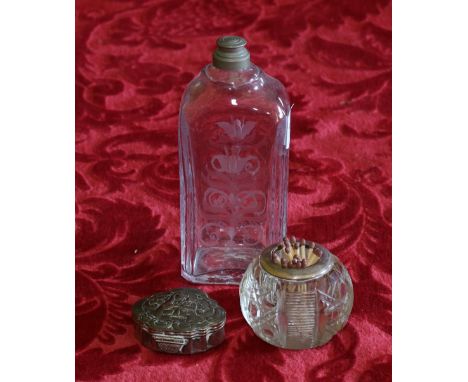 19th century floral engraved glass spirit flask, 17cm with a silver mounted glass vesta and a Continental white metal trinket