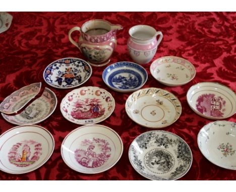 Sunderland lustre saucer dish, 'Charity', a group of 18th and 19th century English saucers and a Sunderland jug. CONDITION RE