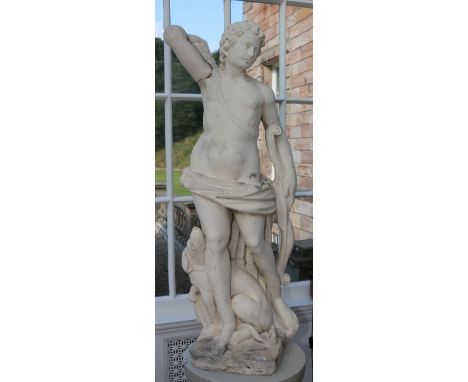 Late 19th century full length figure of a classical god hunting, with a dog at his side 128cm