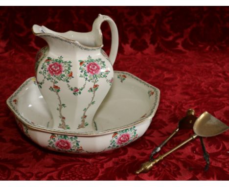 Whieldon ware basin and jug, Chinese Tree pattern and miniature brass fire irons (4)