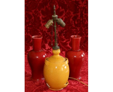 Pair of Italian Bassanello red glazed vases and a French Vallaris yellow glazed vase as a lamp base (3)