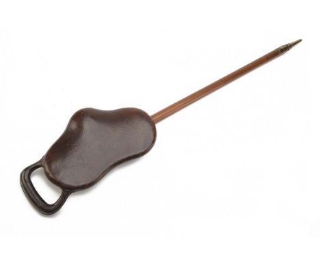 WILLIAM MILLS LTD. A VINTAGE SHOOTING STICK, circa late 1800, leather folding saddle shaped seat with steel fixings and seat 