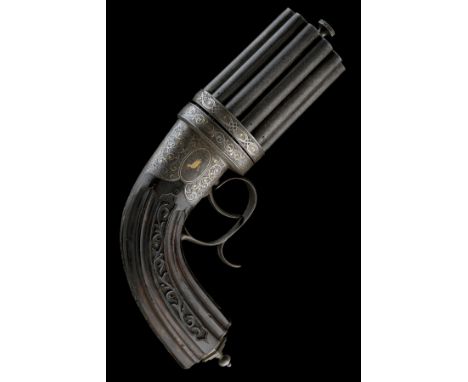 CHAUMONT, LIEGE A MAGNIFICENT CASED PRESENTATION 120-BORE PERCUSSION EIGHTEEN-BARRELLED PEPPERBOX REVOLVER, MODEL 'MARIETTE'S