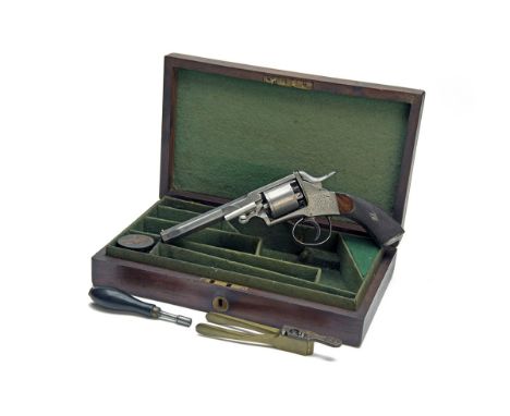 A CASED 80-BORE PERCUSSION SINGLE-ACTION REVOLVER, UNSIGNED, MODEL 'WEBLEY LONGSPUR TYPE', no visible serial number, circa 18