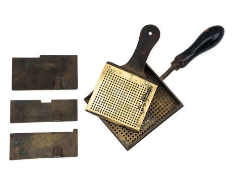 TWO ANTIQUE SHOT-COUNTERS, ONE SIGNED Wm. JONES, BIRMINGHAM, both mid to late 19th century, the first of brass perforated tra