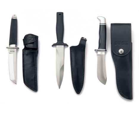 A GROUP OF FIVE BOXED QUALITY SHEATH-KNIVES, including a 'BUCK' Skinner, a 'COLD STEEL' Mini-Tanto, a 'BOKER' Tree Brand stag