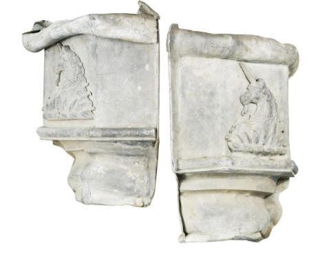 A pair of 18th or early 19th century crested lead drain pipe hoppers, of canted corner form above bulbous moulded collars, th
