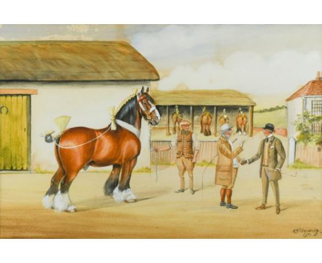 Henry William Standing (British, fl. 1894-1931) The Deal is Done; and A Bay Shire with white blaze, in ribbons, being trotted