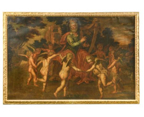 Antwerp School, mid 17th Century   King David, seated in a landscape, playing his harp, encircled by dancing angels oil on ca