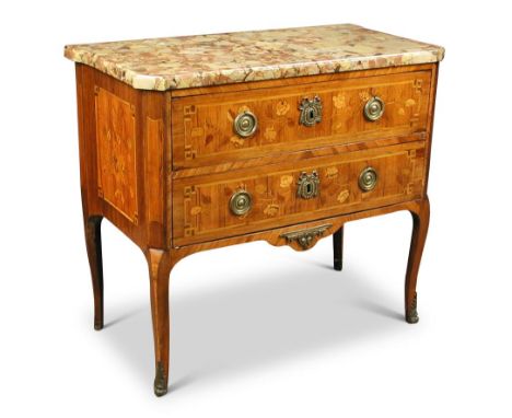 An 18th century French tulipwood Transitional commode, with Breche d'Alep marble, floral marquetry inlays, fitted two drawers
