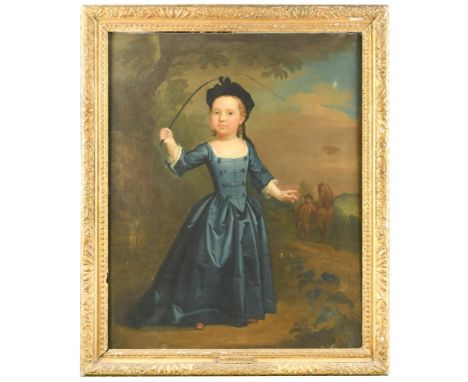 Attributed to Sir Godfrey Kneller, Bt. (British, 1646-1723) Portrait of a small girl in blue, standing full length, holding a