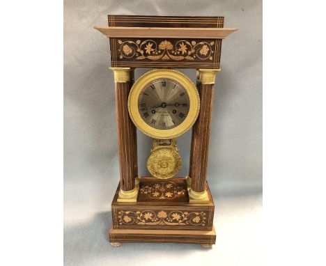 A 19th century French portico mantel clock, Royer Fils, Paris, with rosewood and marquetry ormolu mounted case, signed silver