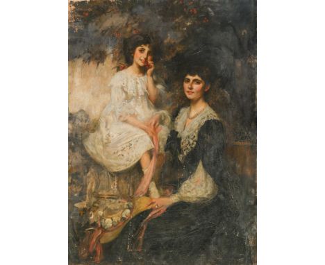 Circle of Sir John Lavery, RA (Irish, 1856-1941) Double portrait of a lady in a lace-trimmed black dress and her daughter, in