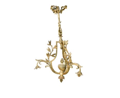 An ormolu three branch hanging lamp, the three branches with mistletoe sprigs supported on ribbon swags 82cm (32in)  