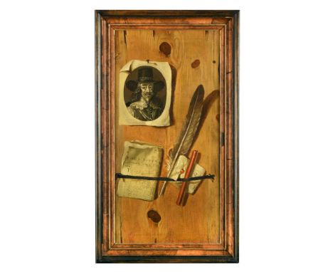 Jacobus Plasschaert (Flemish, fl. 1739-1765) A Trompe l'oeil of an engraved portrait of Charles I, with a Fog's Journal dated