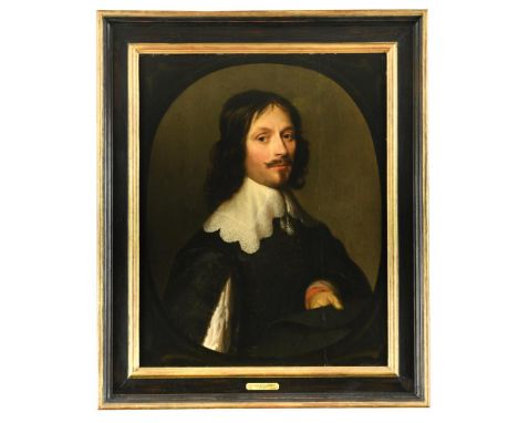 Gerrit van Honthorst (Dutch, 1590–1656) Portrait of a man in black with a white lace collar, head and shoulders, holding a ha