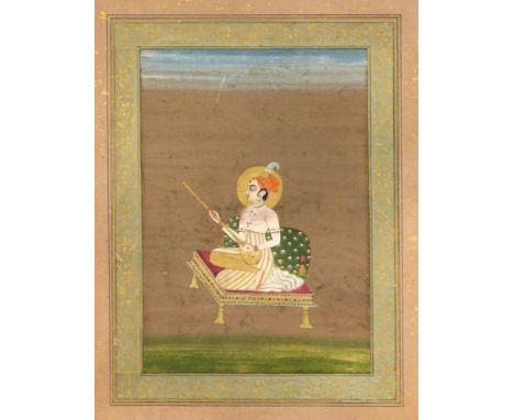Kishangarh School, 18th Century   A Musician playing the veena on a charpoy watercolour, pen and ink heightened with gold on 