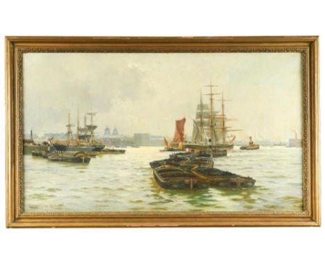 Charles John de Lacy  (British 1856-1936) Coal barges in Greenwich Reach, London, with the Royal Hospital in the distance sig
