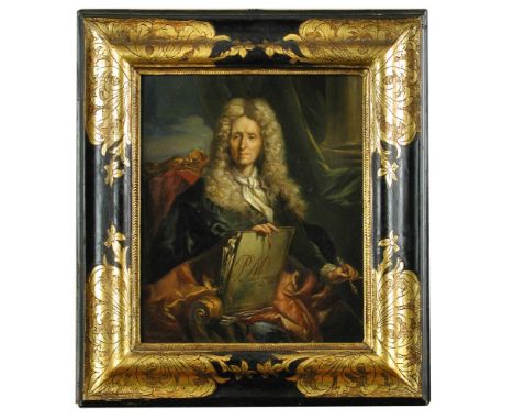 After Hyacinthe Rigaud (French, 1659-1743) Portrait of Pierre Mignard, the artist, holding a paint brush and a book inscribed