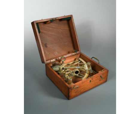 A 19th century mahogany cased brass Sextant, signed Allan, London, with folding wooden handle, index mirror, filters, horizon