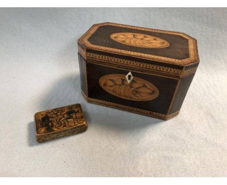 A George III sycamore tea caddy, of canted rectangular form with inlaid shell motif to lid and front, the hinged cover openin