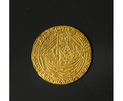 Edward III Post Treaty period gold Noble, crowned king standing in ship facing with sword and shield, reverse floriate cross 