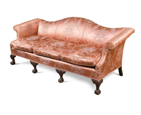 A George III style mahogany frame sofa, with serpentine back and out-scrolling arms, upholstered in Gainsborough silk damask 
