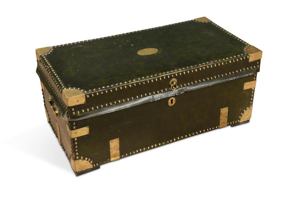A 19th century brass studded green leather covered trunk, with brass