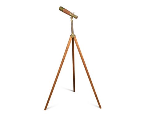 A brass and leather two draw telescope, with War Dept. stamp, London, dated 1917, mounted on an oak and brass tripod stand  