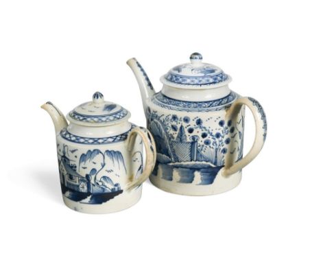 An 18th century Staffordshire blue and white pottery teapot and cover,   of large proportions, painted with Chinoiserie scene