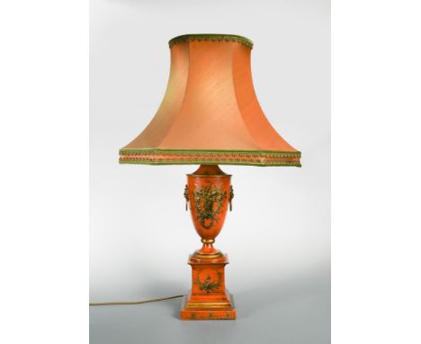 A modern brass Bouillotte style table lamp, together with a toleware urn form table lamp in orange (2)  