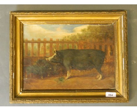 A C19th oil on canvas, portrait of a pig, Berkshire sow and piglets in a yard, unsigned, 14'' x 10''
