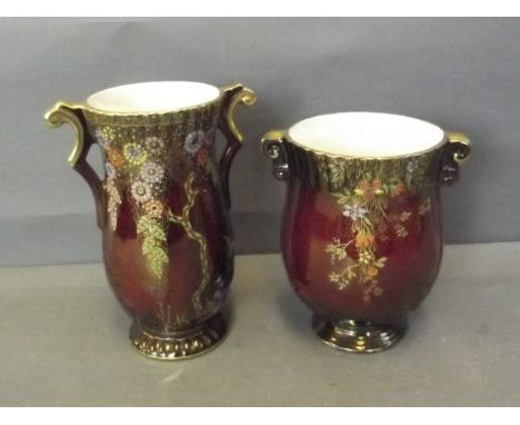 A Crown Devon Fieldings lustre decorated twin handled vase, 7'' high, and another