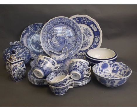 A quantity of blue and white china to include Spode Italian pattern tea plates, jug, four teacups, two blue and white vases, 