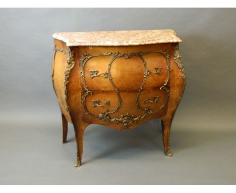 A walnut parquetry inlaid bombe commode with brass mounts and marble top, mid C20th, 33'' x 17'' x 32''