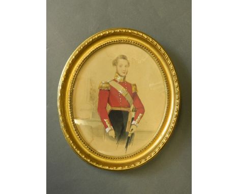 A C19th watercolour heightened with gouache, portrait of a British army officer, marked indistinctly 'Hervs, 243 (?) Regent S