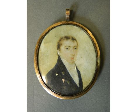 A C19th miniature on ivory, portrait of a young man, the reverse with monogram in graduated seed pearls on plaited hair, in a