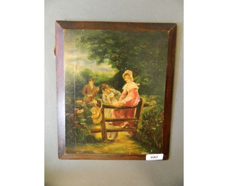 A Victorian over painted print, young woman sitting on a stile, signed F. Marsh, applied to a pine panel, 10'' x 12''