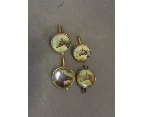 A set of late C19th/early C20th pinchbeck gold cufflinks each with a photograph portrait of a horse, 'Stamina, San Rogue, and