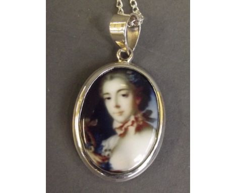 A silver (unmarked) miniature portrait pendant necklace, 1'' long